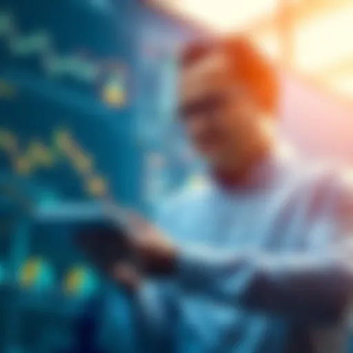 A financial professional reviewing Dogecoin investment opportunities with charts and graphs on a digital screen