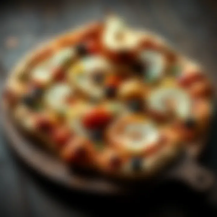 Pear and Cheese Pizza A freshly baked pizza topped with slices of pear, cheese, and a drizzle of sweet chutney, served on a wooden board.