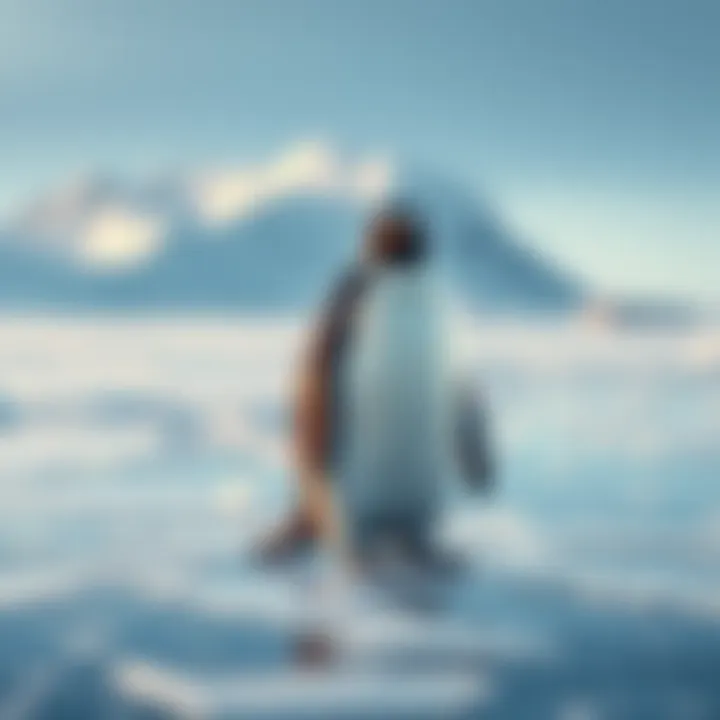 A solitary penguin standing on an icy surface, looking curiously at the viewer.