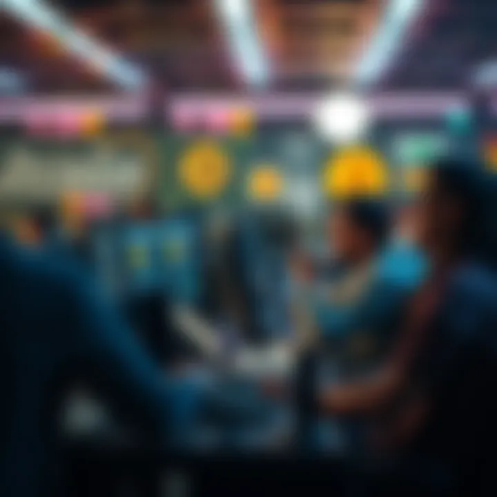 A group of people sitting at computers, discussing Bitcoin transactions in 2009, with digital wallets open on screens.