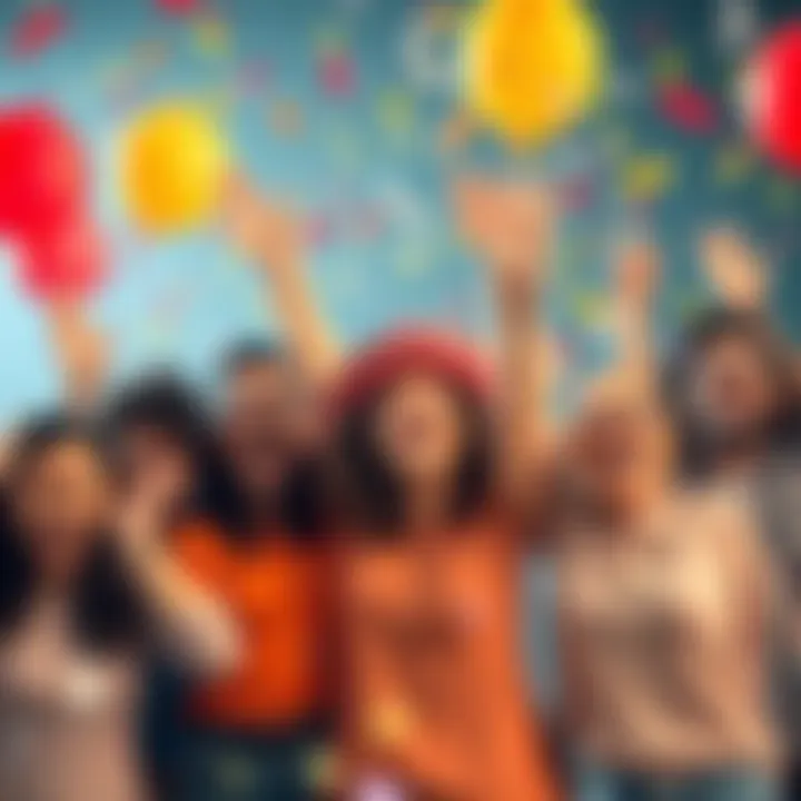 A group of diverse people joyfully celebrating together, with balloons and confetti in the air, expressing enthusiasm about a recent announcement.