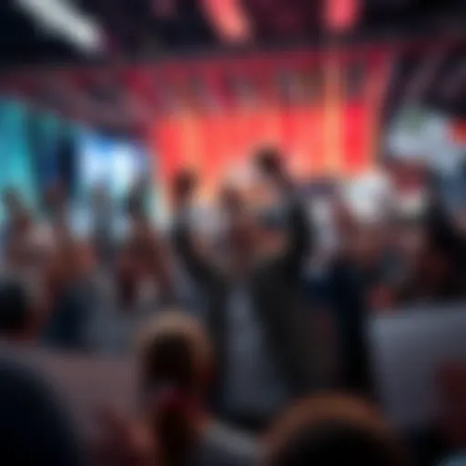 Group of people cheering and holding signs of celebration after a market increase.