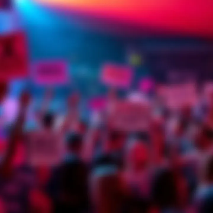 A group of excited people gathered together, showing enthusiasm for the Siiiiix Seveeeen trend with signs and cheers.