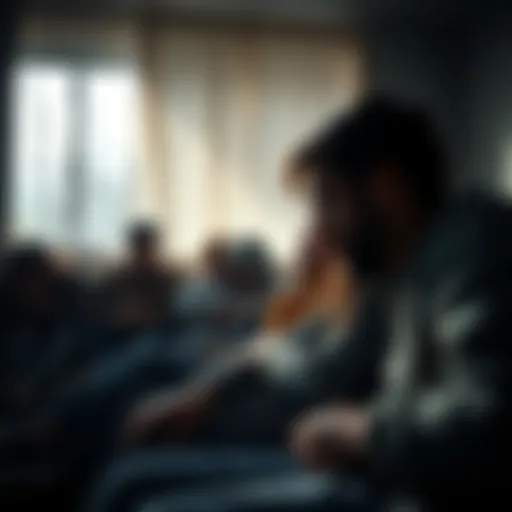 A group of people sitting together, sharing their feelings in a somber setting, showing signs of emotional support and resilience amidst their struggles.