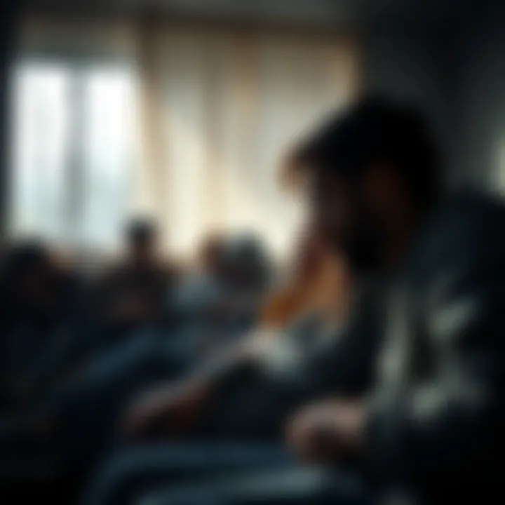 A group of people sitting together, sharing their feelings in a somber setting, showing signs of emotional support and resilience amidst their struggles.