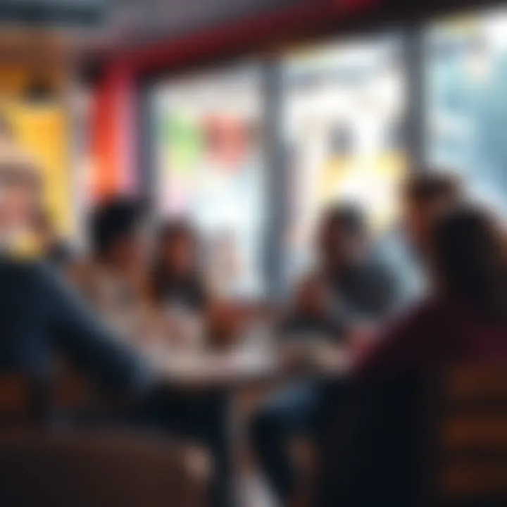 A group of friends talking animatedly at a cafe about the 9-3 trend, showcasing social interaction and community engagement.