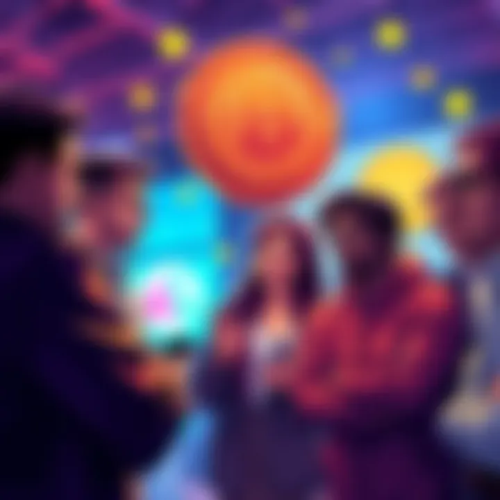 A group of people exchanging ideas about altcoins during a cryptocurrency dip.