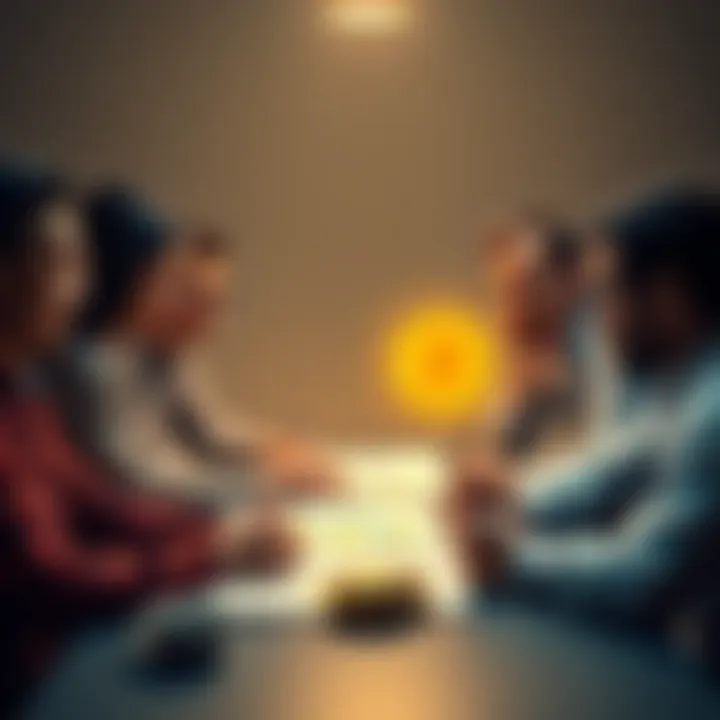 A group of people sitting around a table, examining charts and discussing Bitcoin investments with expressions of concern and curiosity.