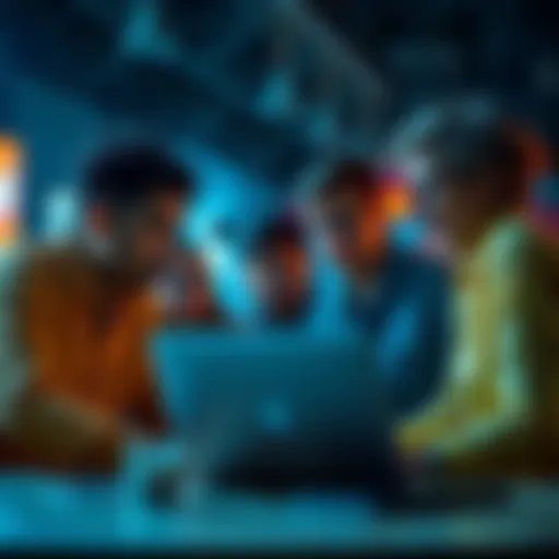 A group of people engaged in a deep discussion while looking at a laptop, sharing ideas about confusing subjects online.