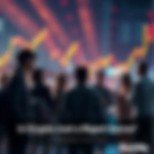 A group of people engaging in a conversation about cryptocurrency, with a digital chart showing fluctuations in the background