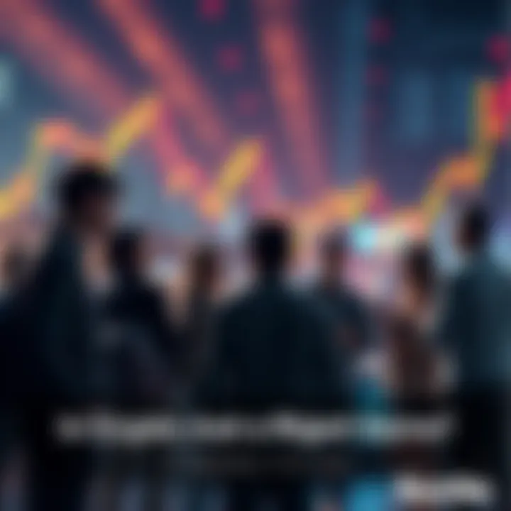 A group of people engaging in a conversation about cryptocurrency, with a digital chart showing fluctuations in the background