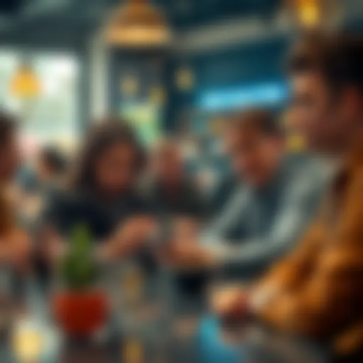A group of people in a coffee shop talking about cryptocurrencies, showing expressions of frustration and concern.