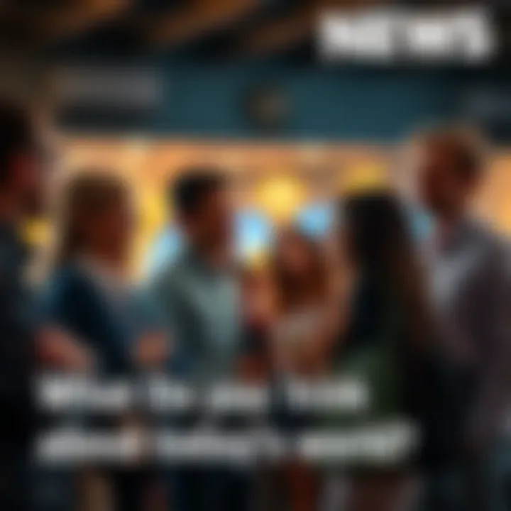 A group of people engaged in conversation about news and societal trends in a casual setting