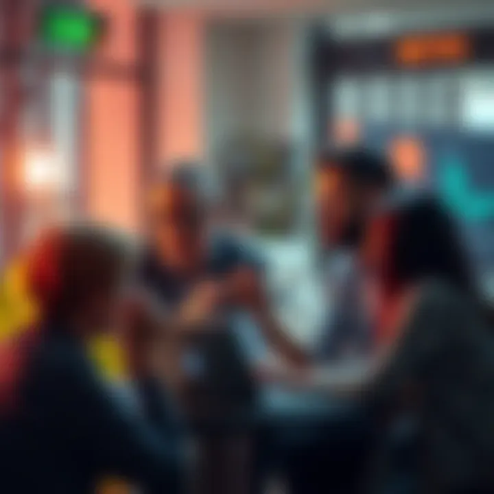 A group of individuals sharing ideas about passive income strategies in DeFi, with laptops and charts visible.