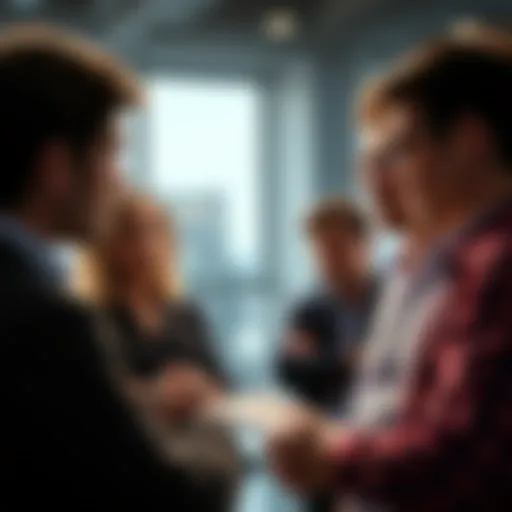 Group of people engaged in a conversation about their investments, looking concerned over declining market trends.