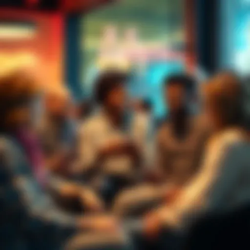 A group of people sitting together, sharing ideas on how to combat loneliness without using apps, smiling and engaging in conversation