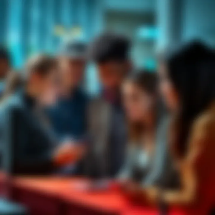 A group of people engaged in conversation while looking at a news article on a smartphone