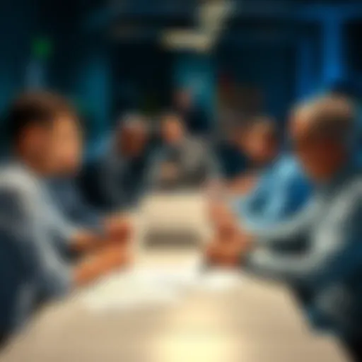 A group of people sitting around a table, discussing various pool options and investment strategies, with papers and a laptop in front of them.