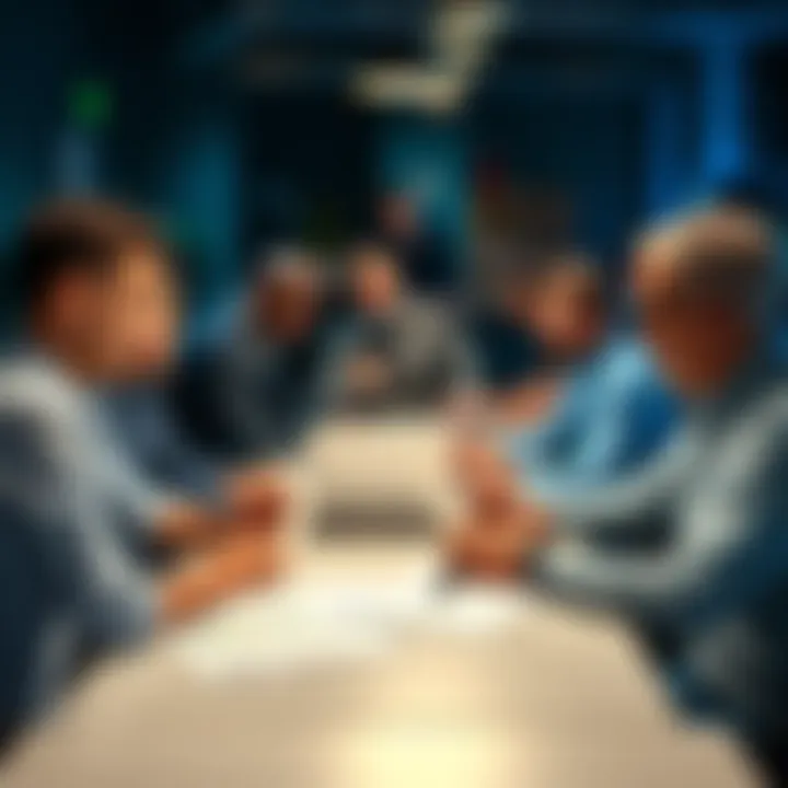 A group of people sitting around a table, discussing various pool options and investment strategies, with papers and a laptop in front of them.