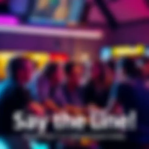 Group of friends engaged in a lively discussion about pop culture phrases, including 'Say the line!'.