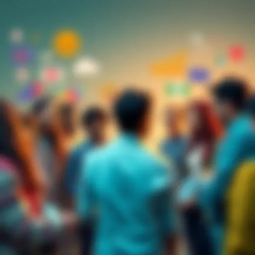 A diverse group of people engaged in conversation about social trends, surrounded by visual symbols representing culture and society.