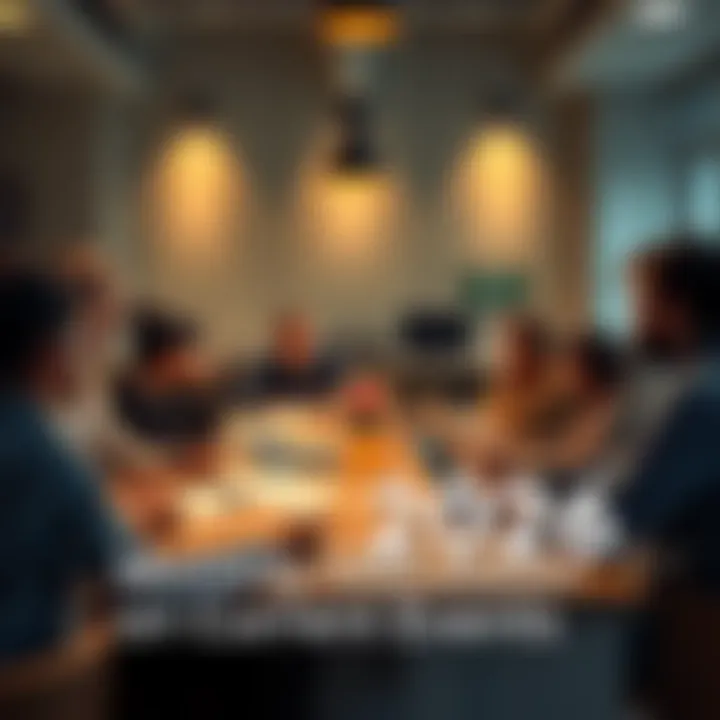 A group of people sitting around a table discussing current events with papers and laptops