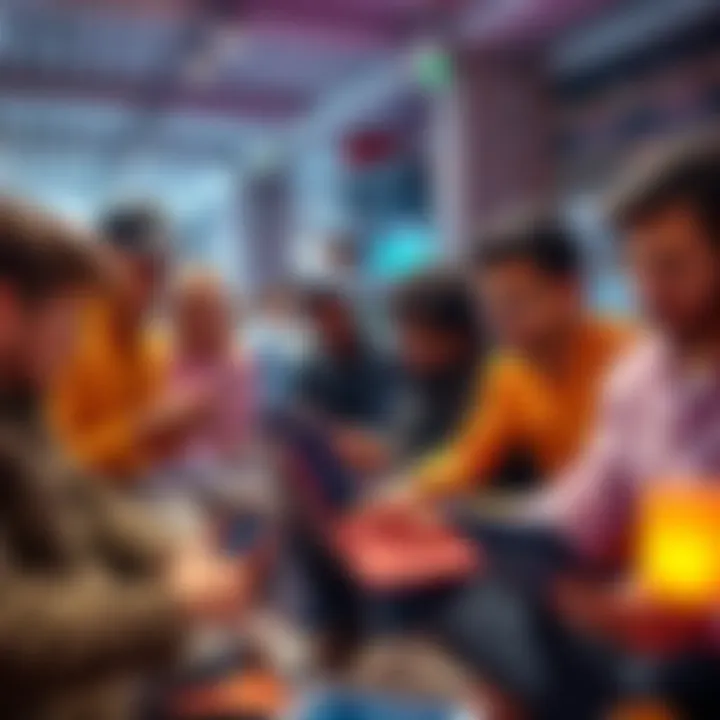 A group of diverse people discussing cryptocurrency concepts and trading on laptops and mobile devices in a casual setting.