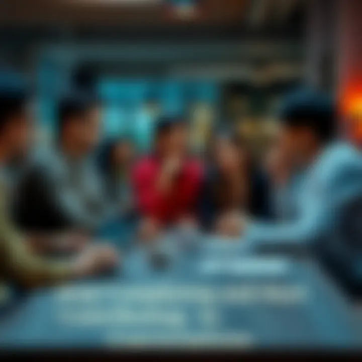 A group of diverse people actively discussing and sharing ideas around a table with laptops and notepads