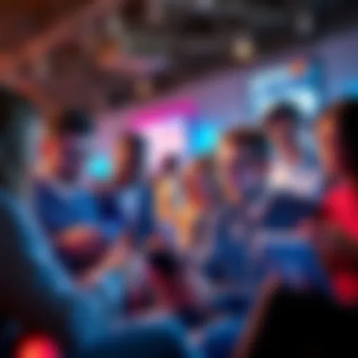 A group of people interacting on their devices, discussing viral trends on forums and social media, showing a mix of emotions.