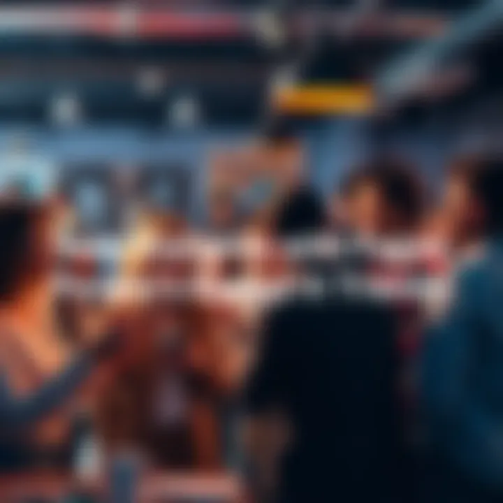 A group of diverse people sharing ideas and discussing trends in a lively setting