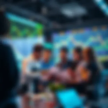 Group of people analyzing stock charts and discussing whether to wait for a market dip or start dollar-cost averaging in a financial setting.