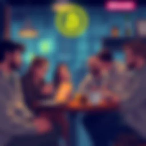 Group of people discussing Bitcoin at a coffee shop, sharing stories of their first experiences with the cryptocurrency before 2015.