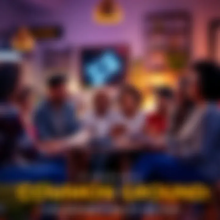 A diverse group of people sitting together, sharing stories and laughing in a warm, inviting environment.