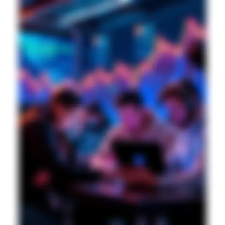 A group of people focused on trading cryptocurrency on their laptops with graphs of currency value fluctuating in the background.