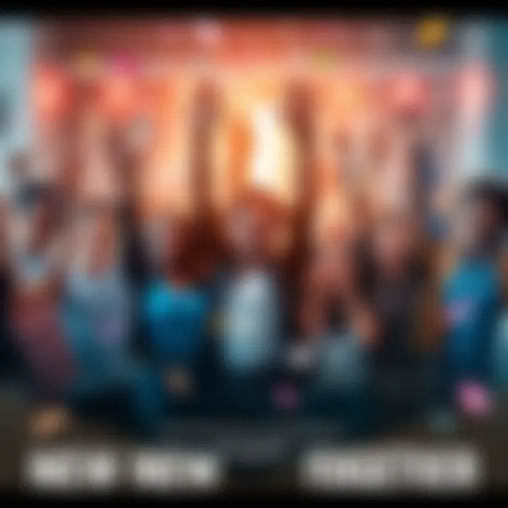 A group of diverse people joyfully celebrating their achievements, raising their hands in the air with smiles and confetti around them.