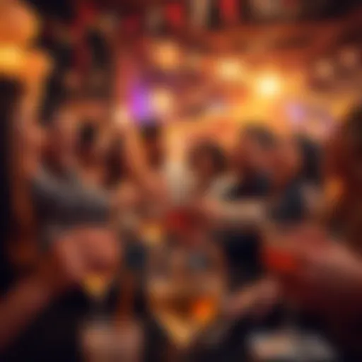 A group of people laughing and enjoying a lively celebration with drinks and decorations in a festive setting