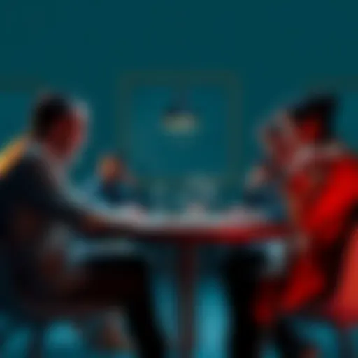 A group of people sitting around a table, engaging in a serious discussion about inflation and its impact on finances.