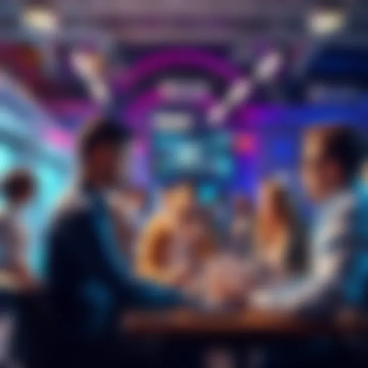 A group of people engaging in discussions about internet money trends in a vibrant online forum setting.