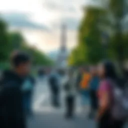 Group of people discussing activities in a park in France, showing a sense of uncertainty and reflection.
