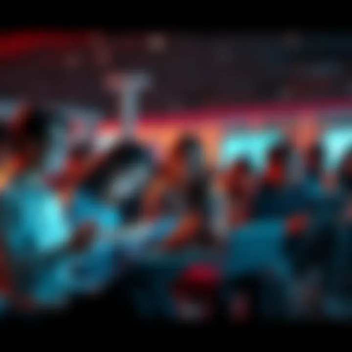 People interacting with technology A group of people using smartphones and laptops, representing modern trends in communication and interaction.