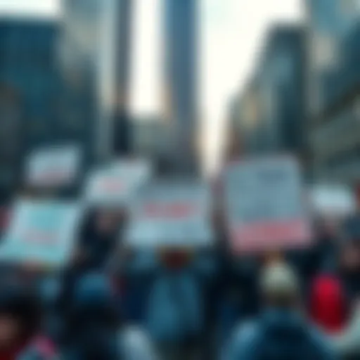 A group of people holding signs expressing frustration with government financial regulations, surrounded by city buildings.