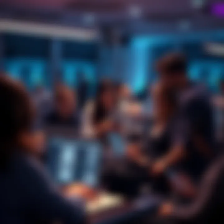 People using DeFi platforms for passive income Group of people interacting with DeFi platforms on laptops and smartphones, focusing on financial strategies and earnings