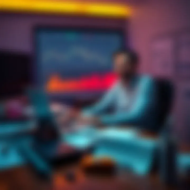 A person sitting at a desk with a laptop, looking relieved as they finalize a cash-out from cryptocurrency investments, surrounded by charts and financial documents.