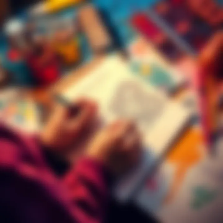 A person sketching in a notebook, surrounded by art supplies and vibrant colors.