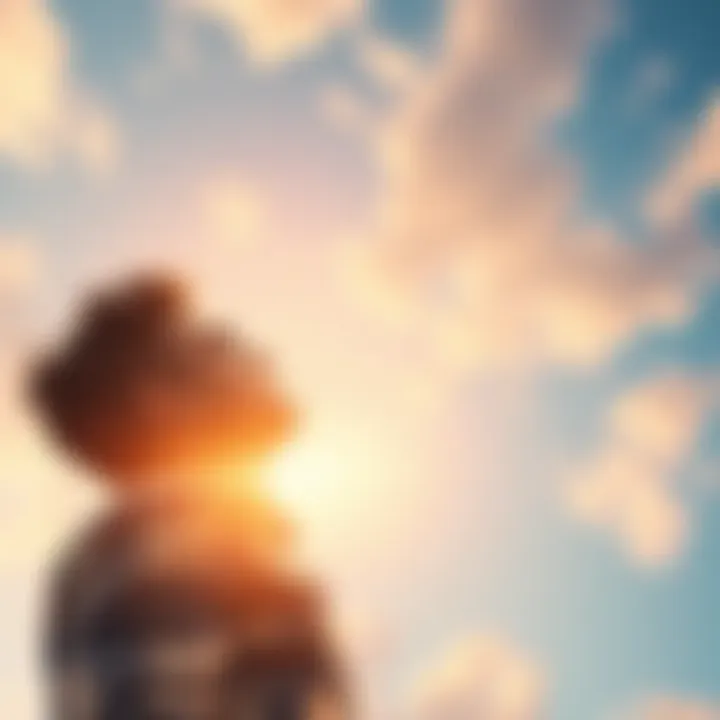 A hopeful individual gazing up at the sky with dreams of soaring, symbolizing optimism and ambition.