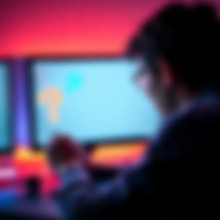 A person frustrated while trying to view new games on a computer, showing a blank screen with question marks around