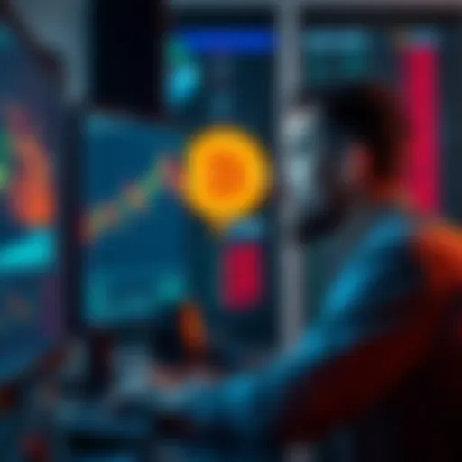 Individual analyzing Bitcoin price trends on a computer, contemplating selling and buying strategies.