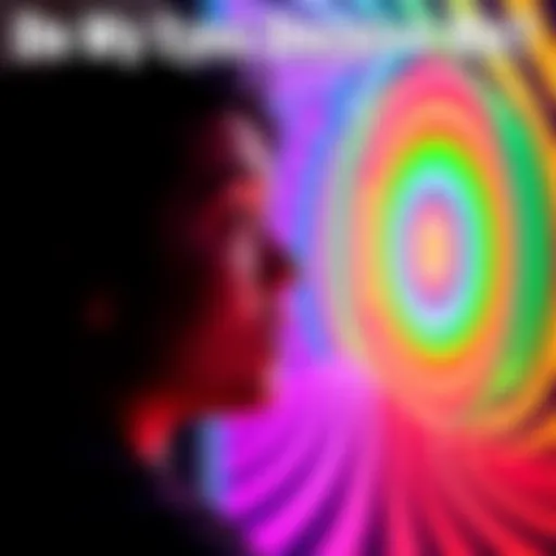 A person staring at a colorful optical illusion, looking surprised and intrigued.