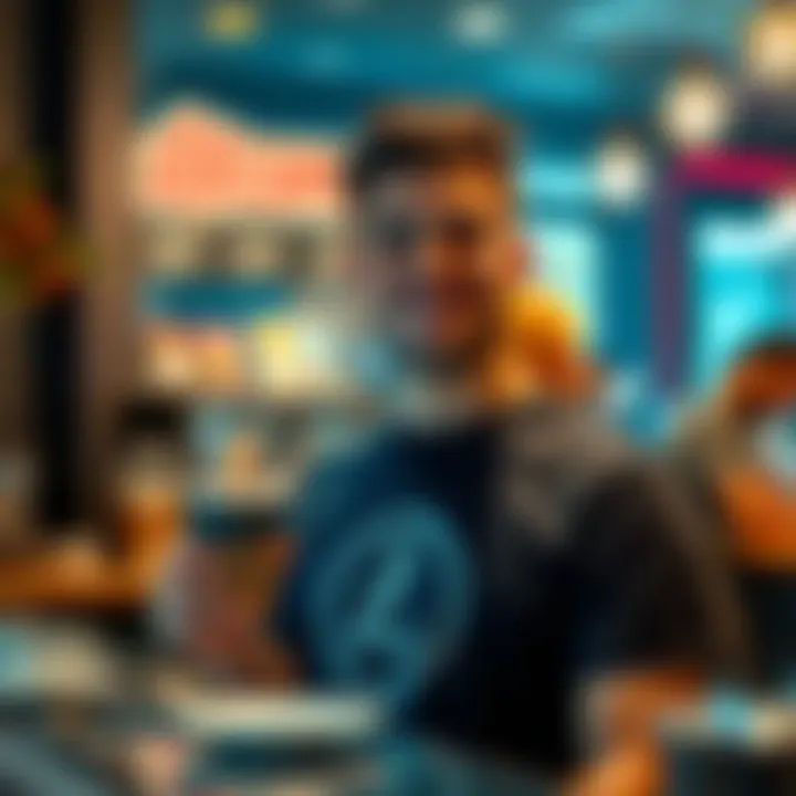 A person wearing a Litecoin shirt smiles while ordering coffee, showcasing the fun of using Litecoin as a name.