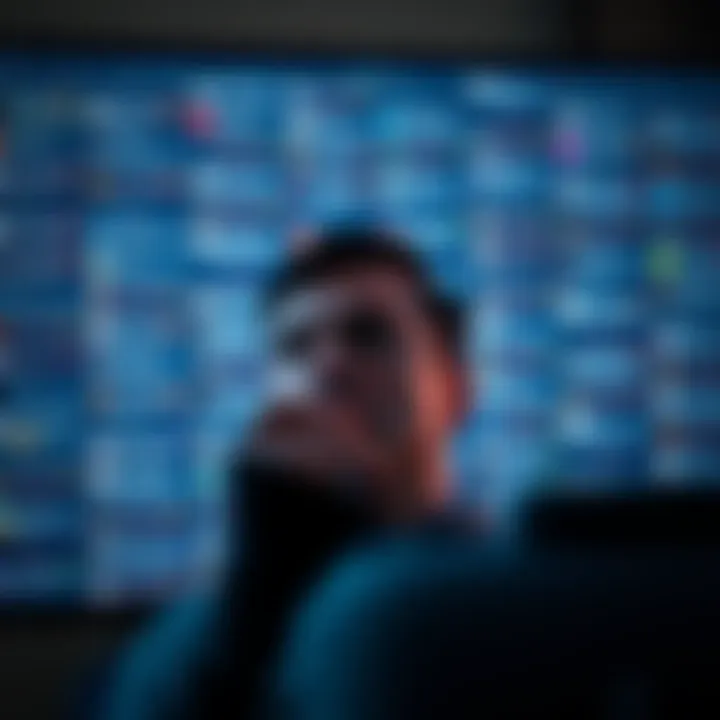 A person looking at a screen filled with negative comments and feedback, showing a stressed expression.